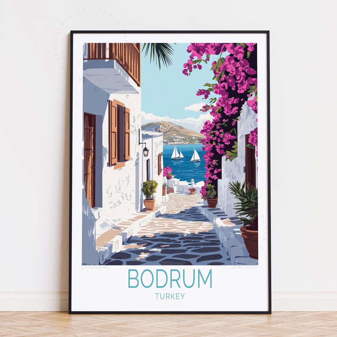 Bodrum Turkey Whitewashed Lane Bougainvillea Bay Vintage Poster