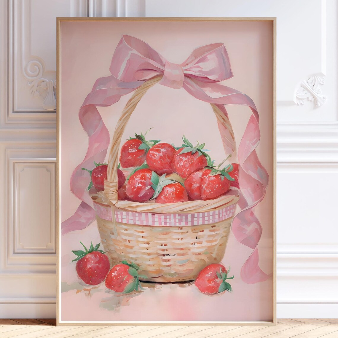 Pink Bow Strawberry Basket Coquette Girly Kitchen Fruit Art Print