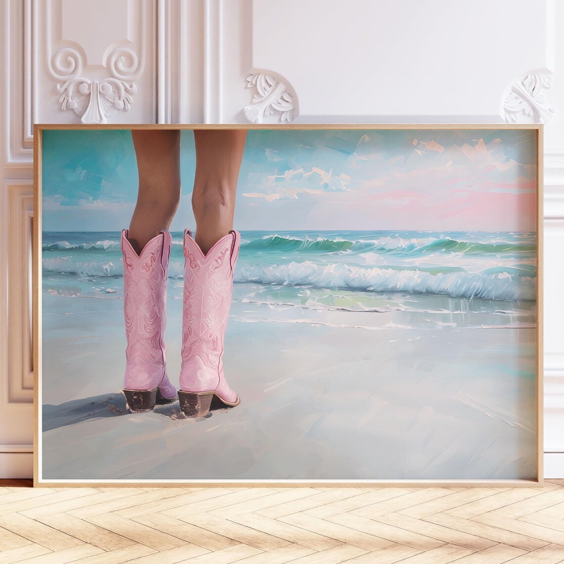 Pink Cowboy Boots Standing On Beach Turquoise Waves Pastel Scene Poster
