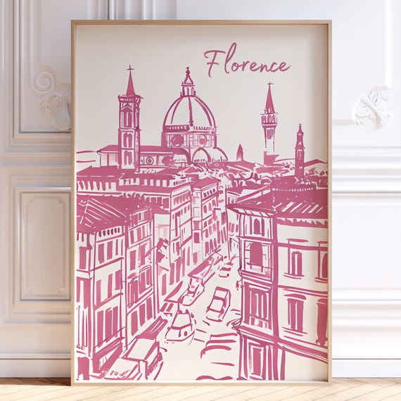 Florence Italy Duomo Skyline Pink Sketch Vintage Travel Poster