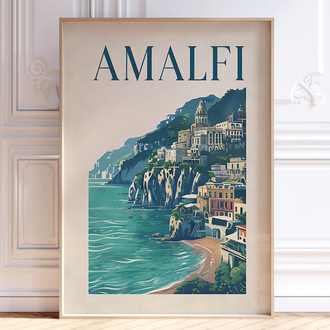 Amalfi Coast Italy Cliffside Vintage Retro Travel Scene Art Poster