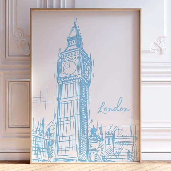 London England Retro Travel Poster, Cityscape Sketch