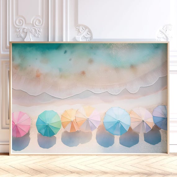 Colorful Beach Umbrella Art Print, Pastel Coastal Decor