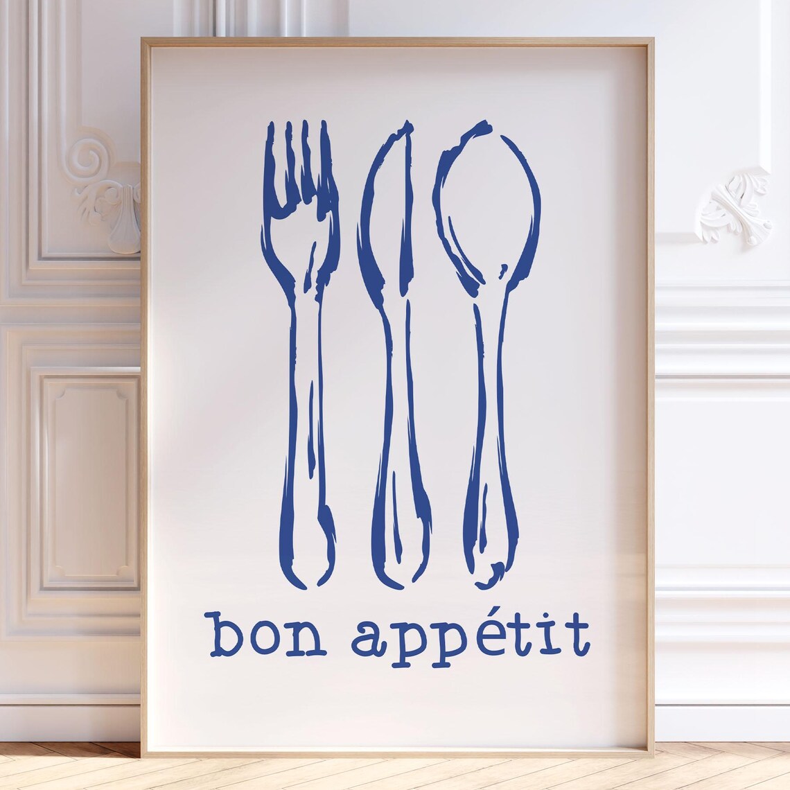 Bon Appetit Navy Blue Kitchen Print French Typography Fork Knife Spoon