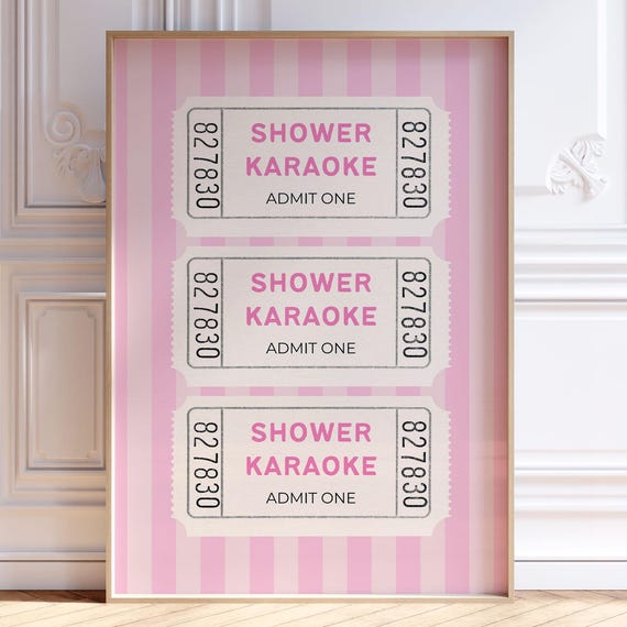 Shower Karaoke Ticket Print Light Pink Funny Bathroom Poster Retro Vintage Dorm Room Decor Singing Quirky Wall Art
