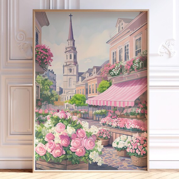 Charleston Flower Market Pink Blooms Street Vintage Travel Poster