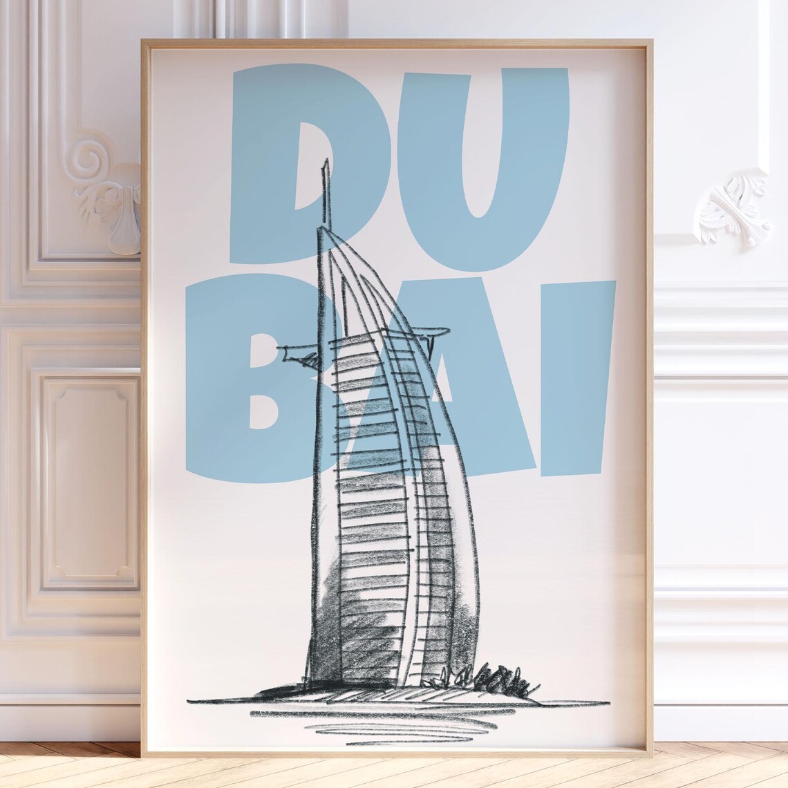 Dubai Burj Al Arab Sketch Light Blue Typography City Art Poster