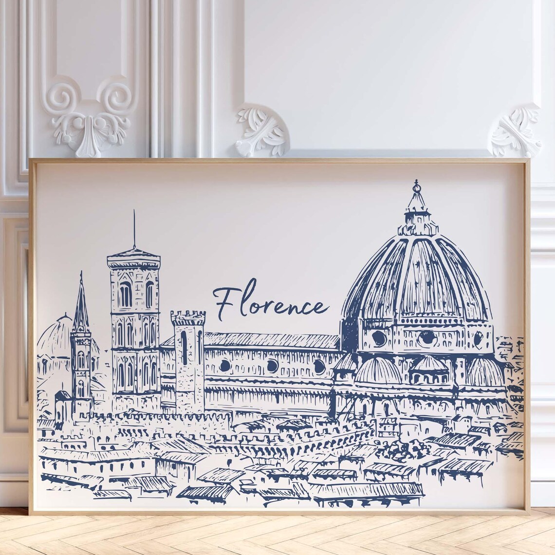 Florence Italy Duomo Cathedral Navy Blue Line Sketch Travel Poster