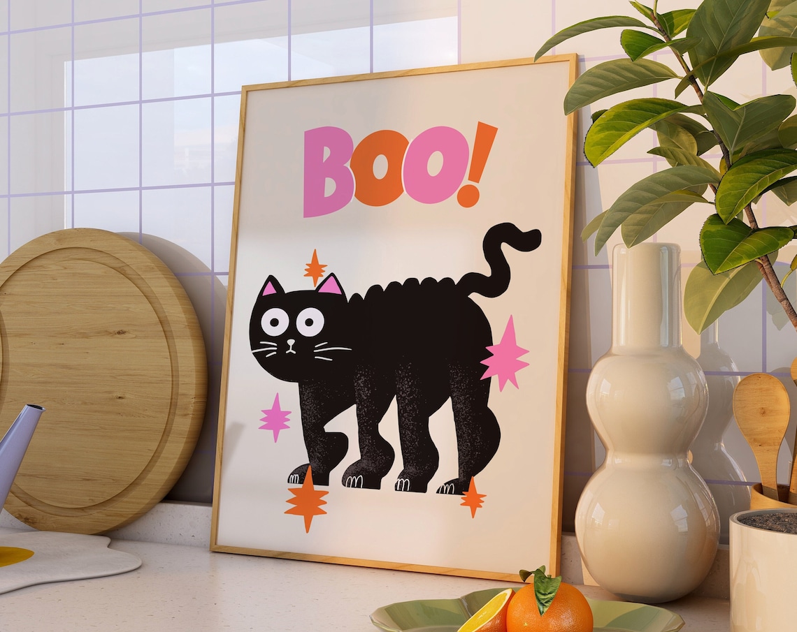 Boo Black Cat Retro Halloween Spooky Season Cat Lover Art Poster