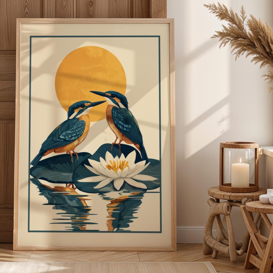 Kingfisher Pair Water Lily Golden Sun Bird Illustration Poster
