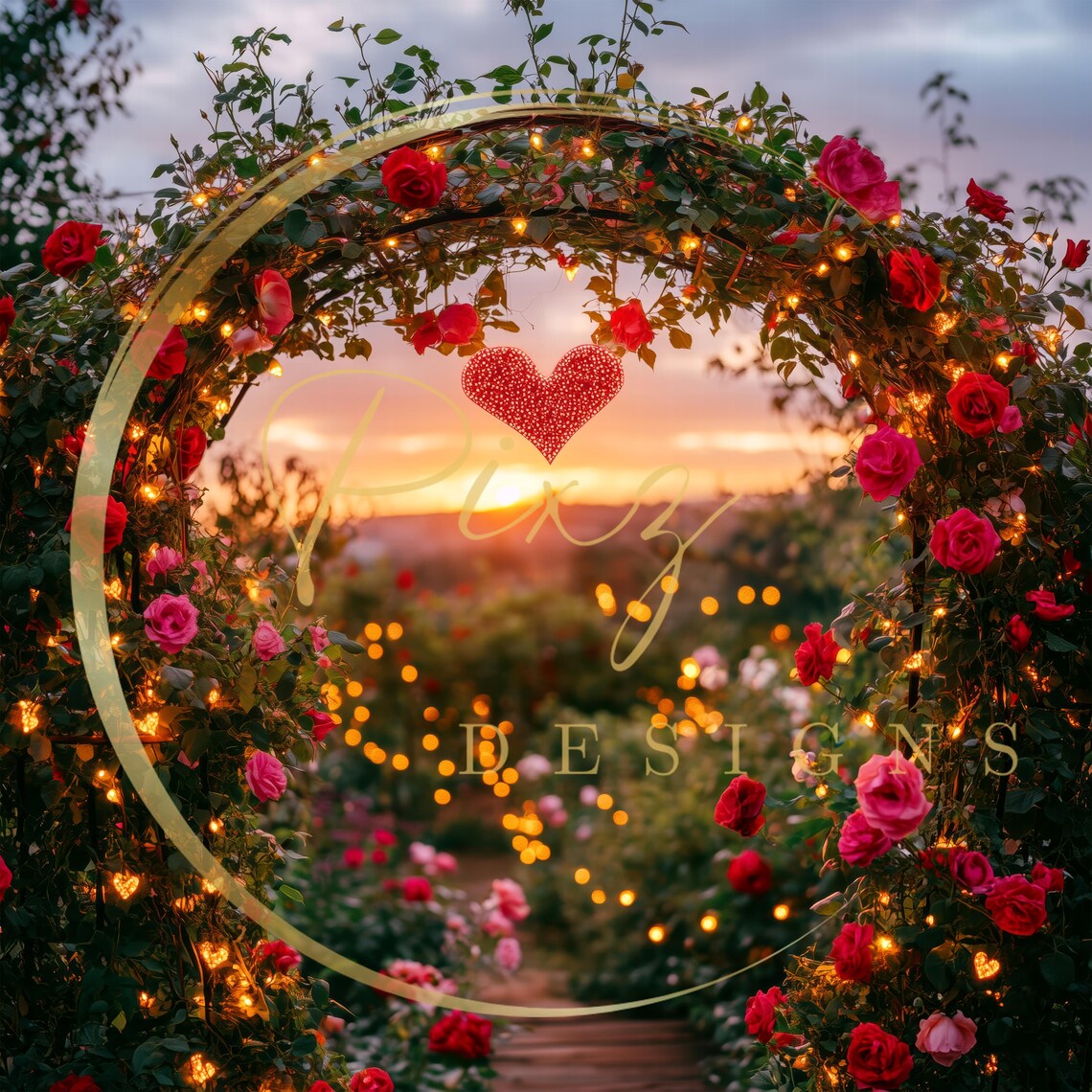Rose Garden Arch Kids Kiss At Sunset Heart Lights Romance Backdrop - Image 2