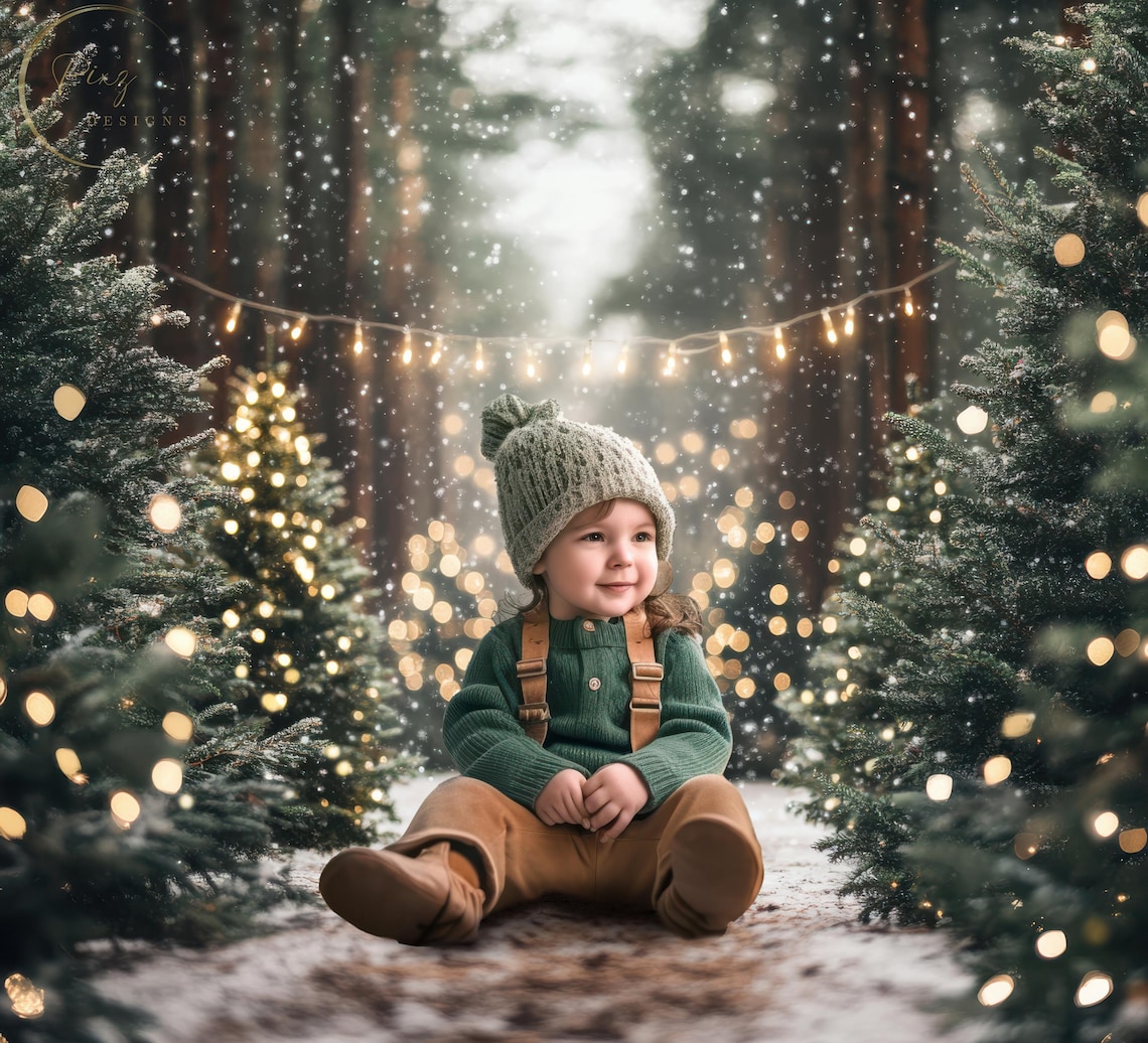 Christmas Tree Farm Snowy Portrait Girl In Green Sweater Lights Poster