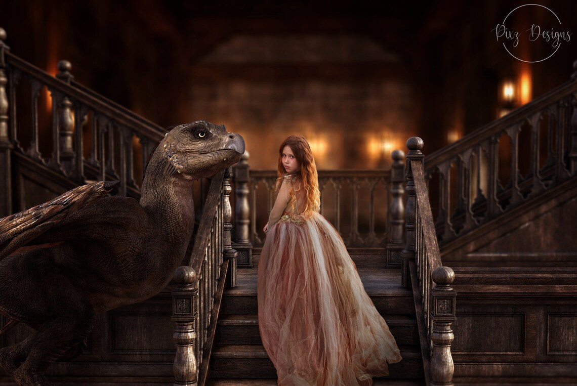 Dinosaur Castle Staircase Fantasy Background
