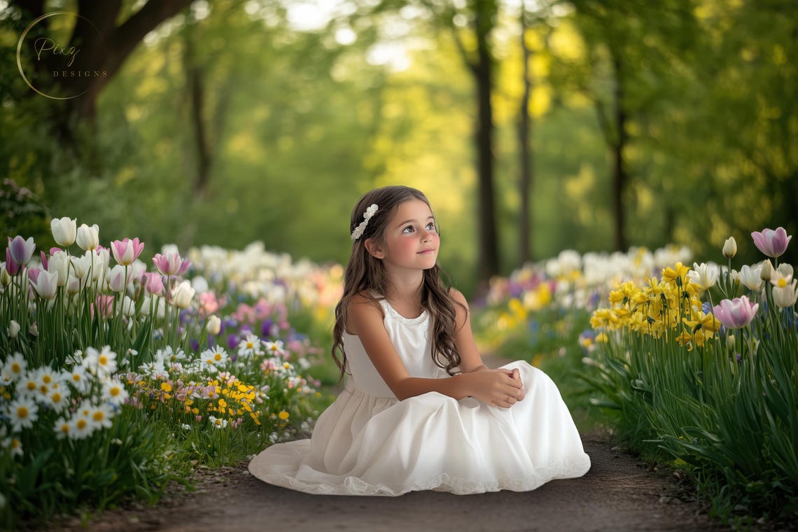 Easter Tulip Garden Spring Pathway Girl In White Dress Backdrop Poster
