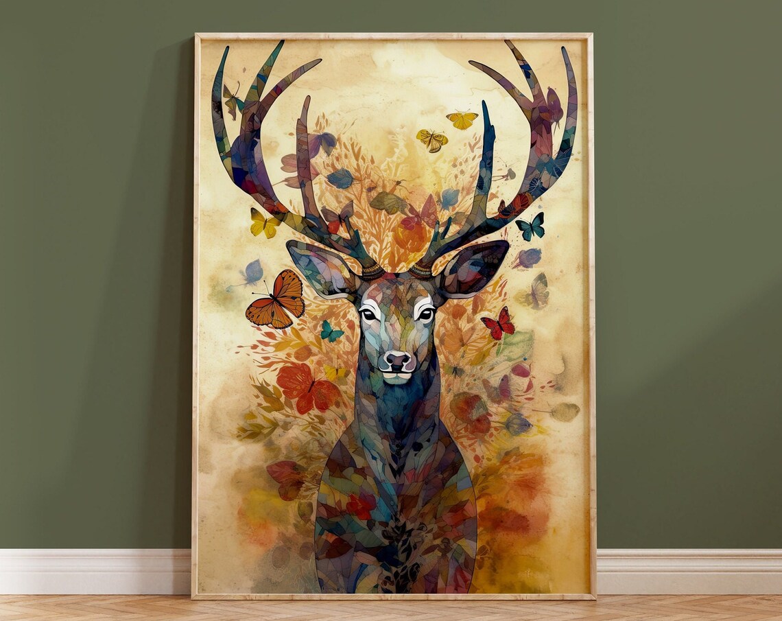 Stag Deer Butterflies Watercolour Mosaic Antlers Nature Poster