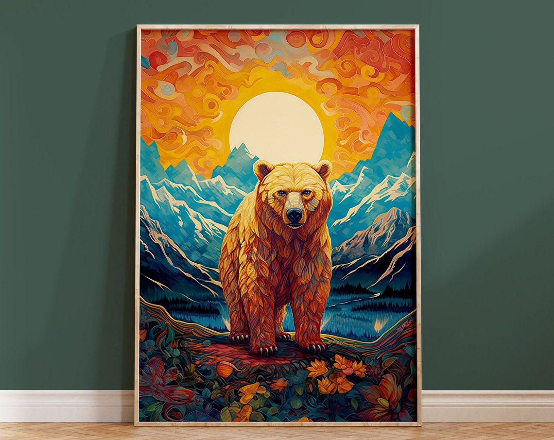 Bear Standing Before Mountain Sunrise Psychedelic Nature Poster