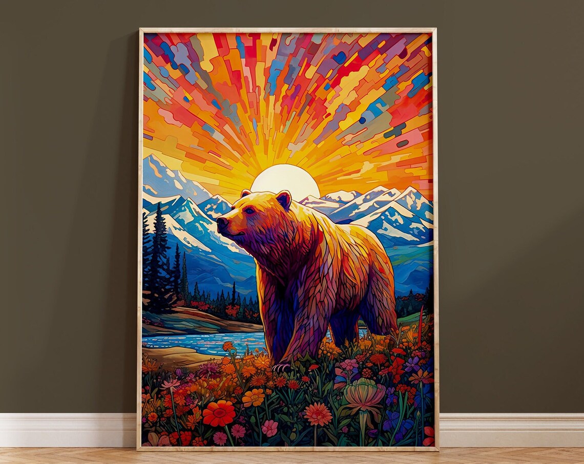 Mosaic Bear Sunrise Mountain Wildflowers Vibrant Wildlife Poster