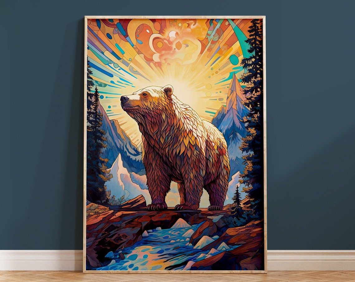 Bear Mountain Sunrise Mosaic Style Colorful Wildlife Art Print