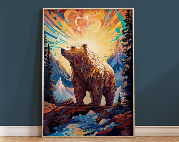 Bear Mountain Sunrise Mosaic Style Colorful Wildlife Art Print