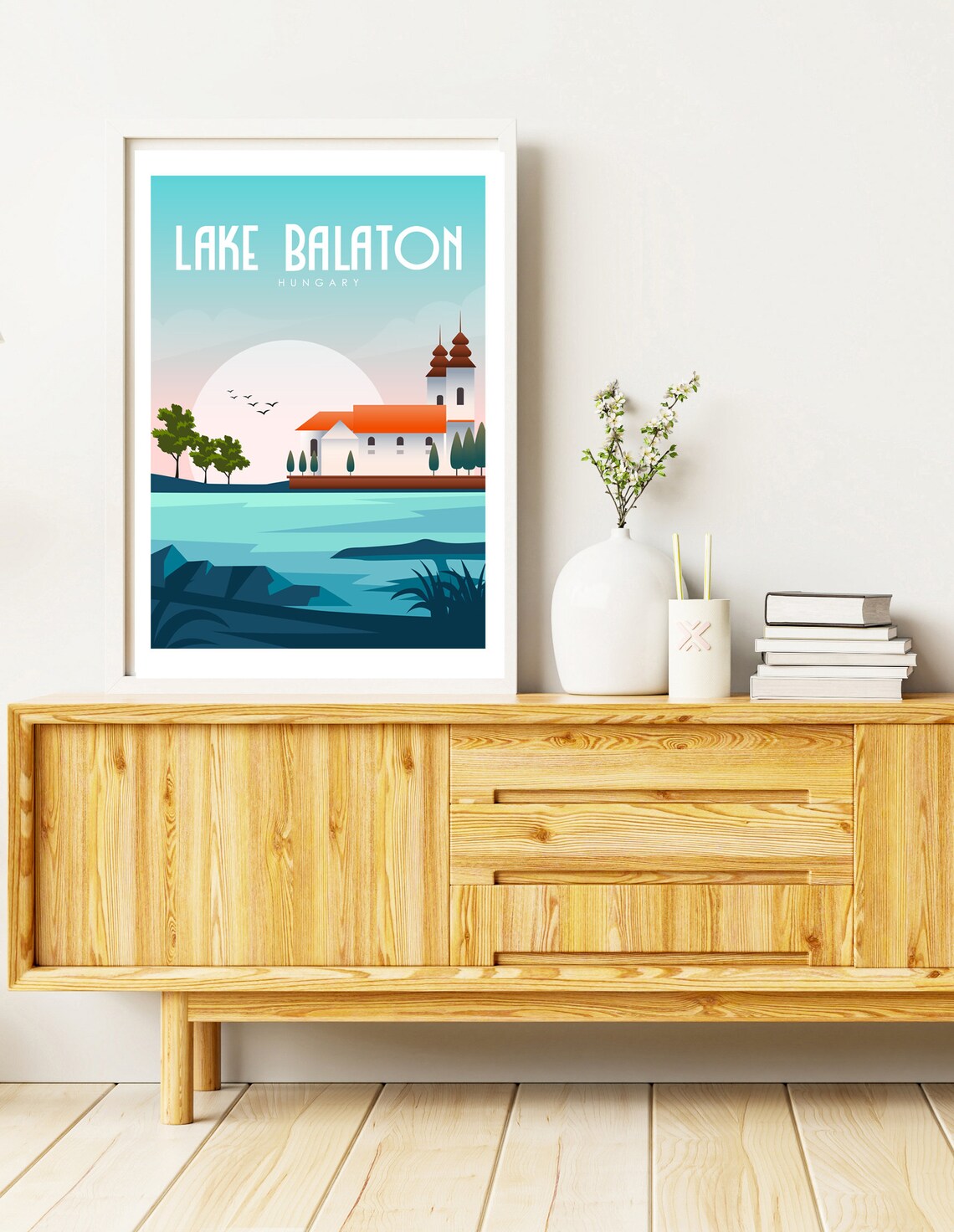 Lake Balaton Hungary Abbey Lakeshore Sunset Retro Travel Poster - Image 3