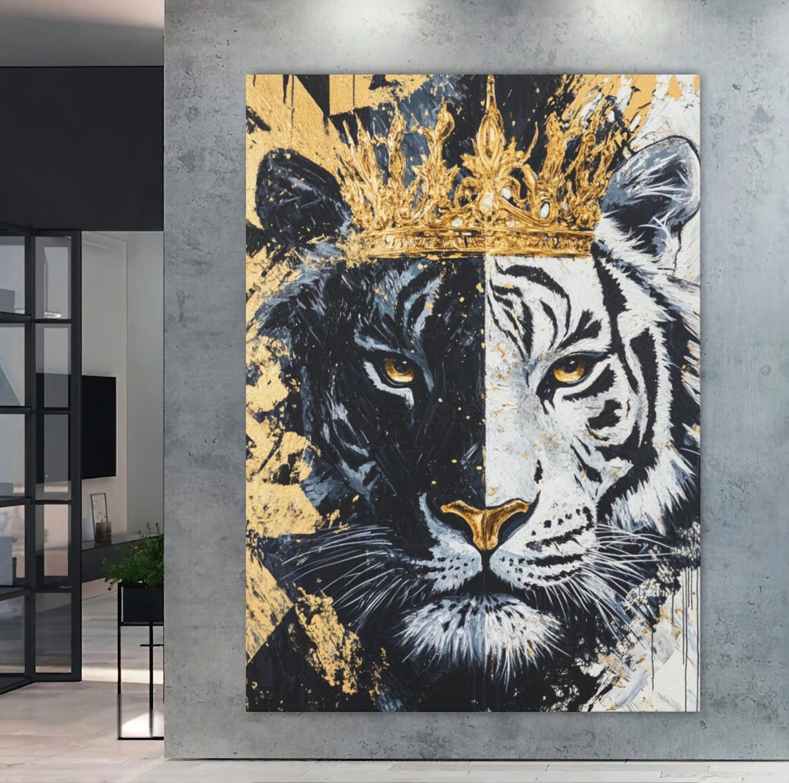 Black White Tiger Gold Crown Painting Powerful Jungle Wall Art