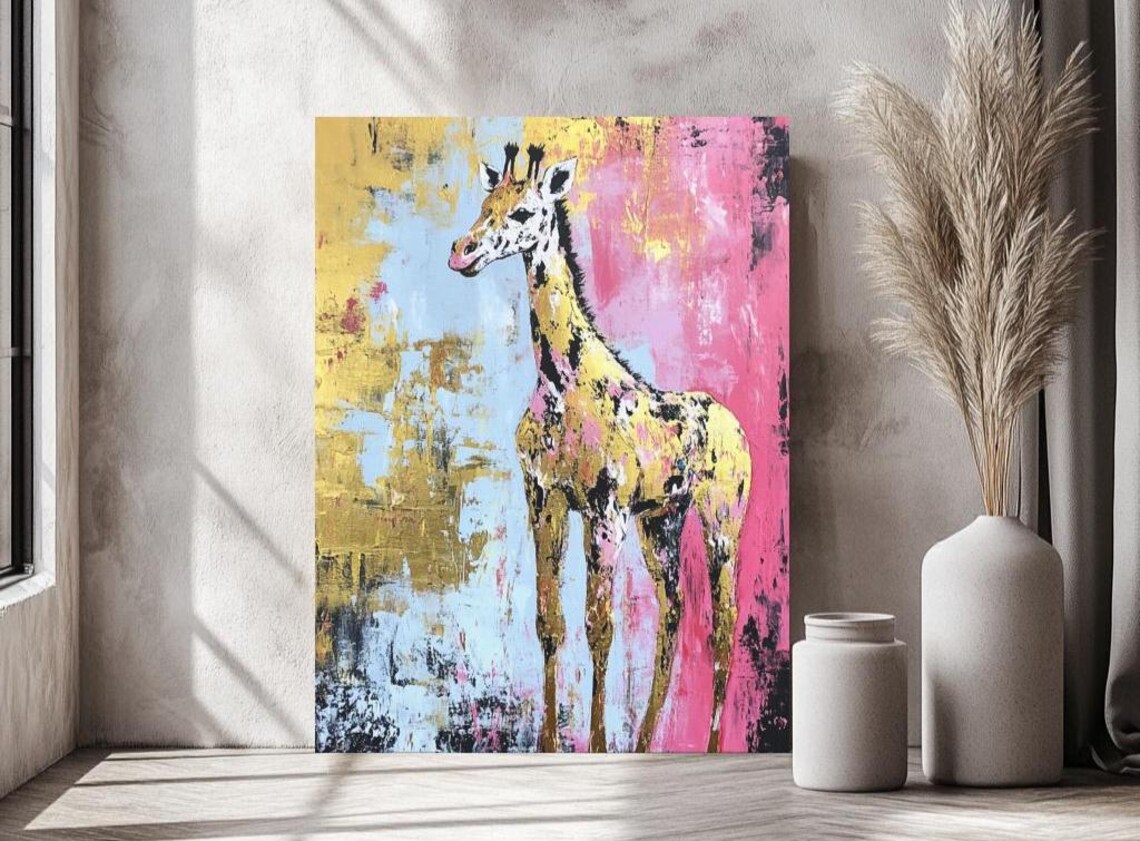 Colorful Giraffe Painting Pink Gold Safari Tall Animal Wall Art