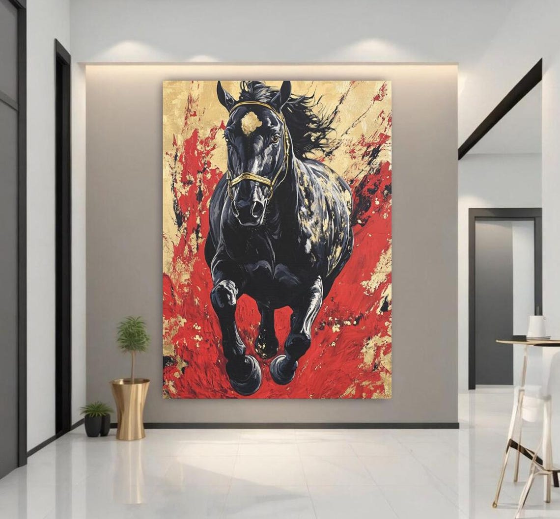 Black Horse Galloping Fiery Red Gold Abstract Equestrian Poster