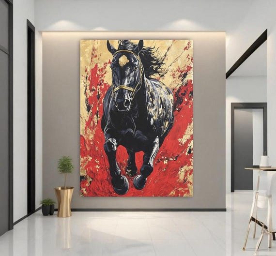 Bold Black Horse Canvas Art Abstract Red Gold Equestrian Print