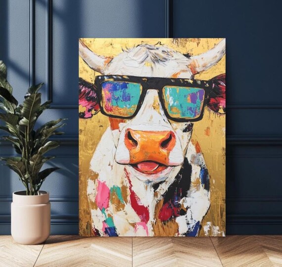Funny Cow Print Colorful Farm Animal Pop Art Rustic Country Decor Farmhouse Whimsical Kitchen Quirky Painting