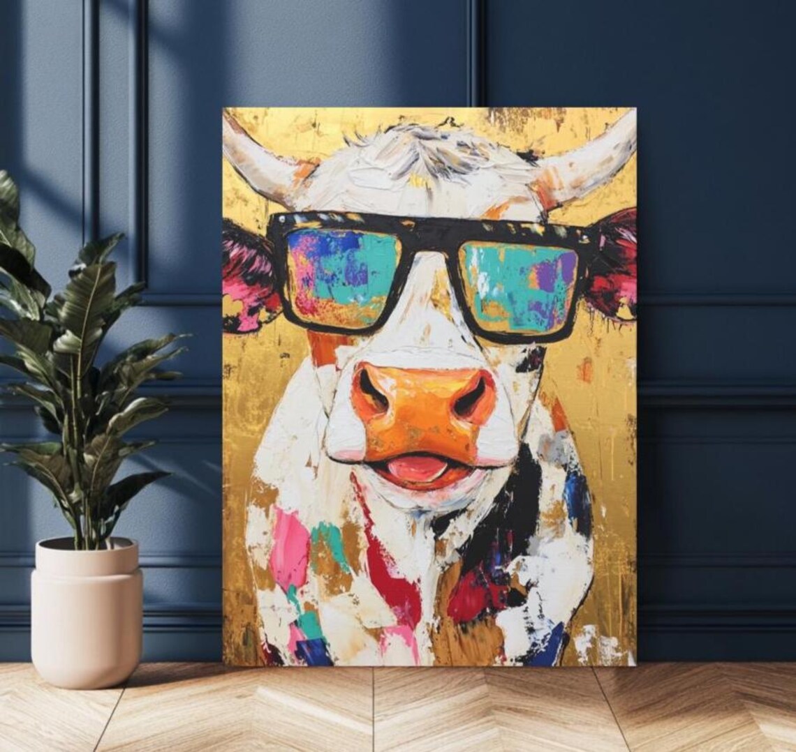 Funny Cow Wearing Sunglasses Gold Pop Art Farm Animal Poster