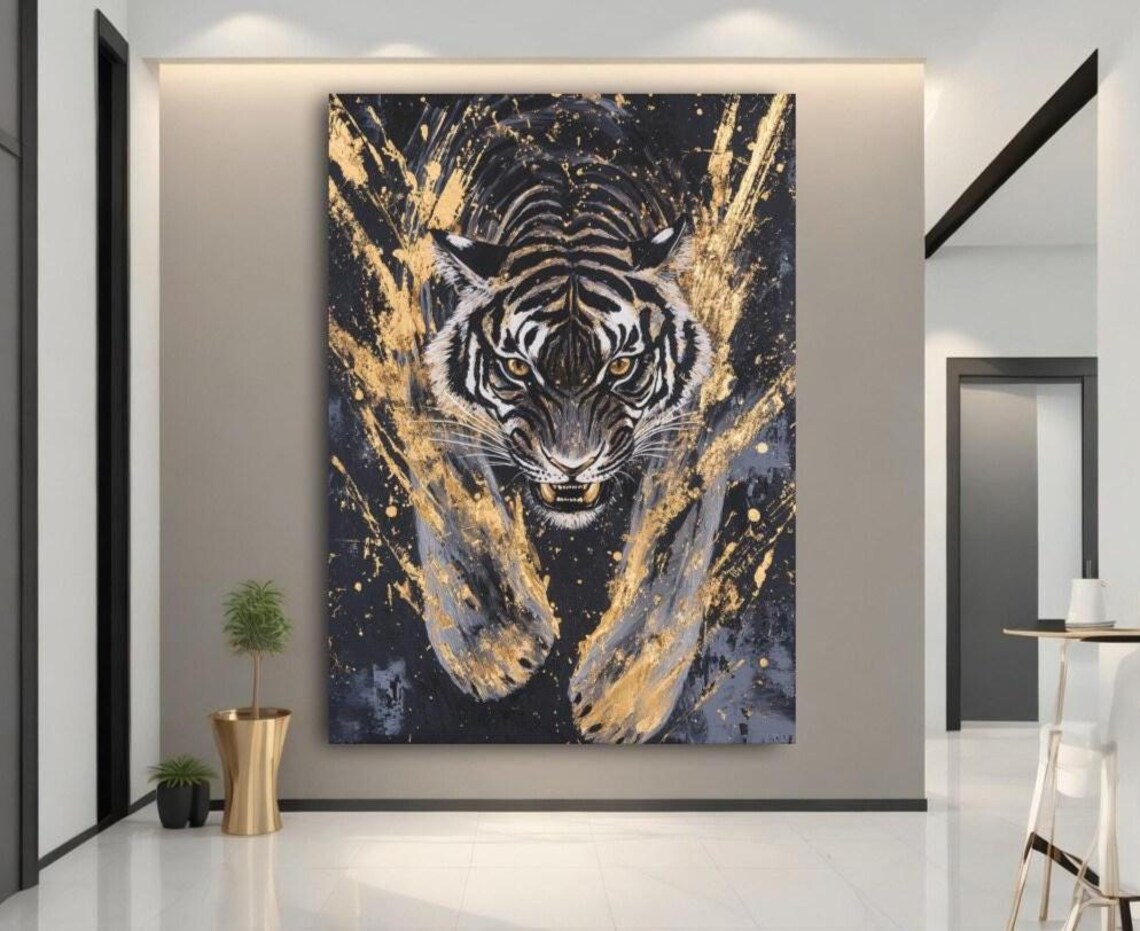 Black Gold Tiger Painting Bold Jungle Predator Animal Wall Art