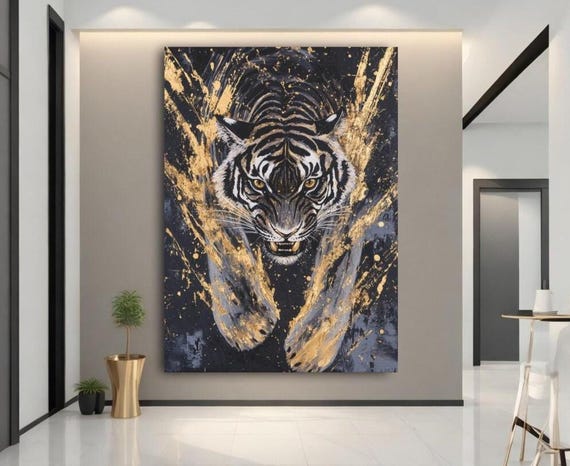 Powerful Tiger Wall Art Black And Gold Jungle Decor Modern Luxury Canvas Print Bold Animal Painting Cat Home Poster