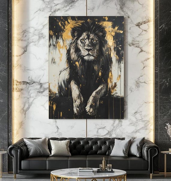 Modern Luxury Lion Canvas Art Gold Black Animal Wall Decor King Of The Jungle Print Regal Artwork Extra Large
