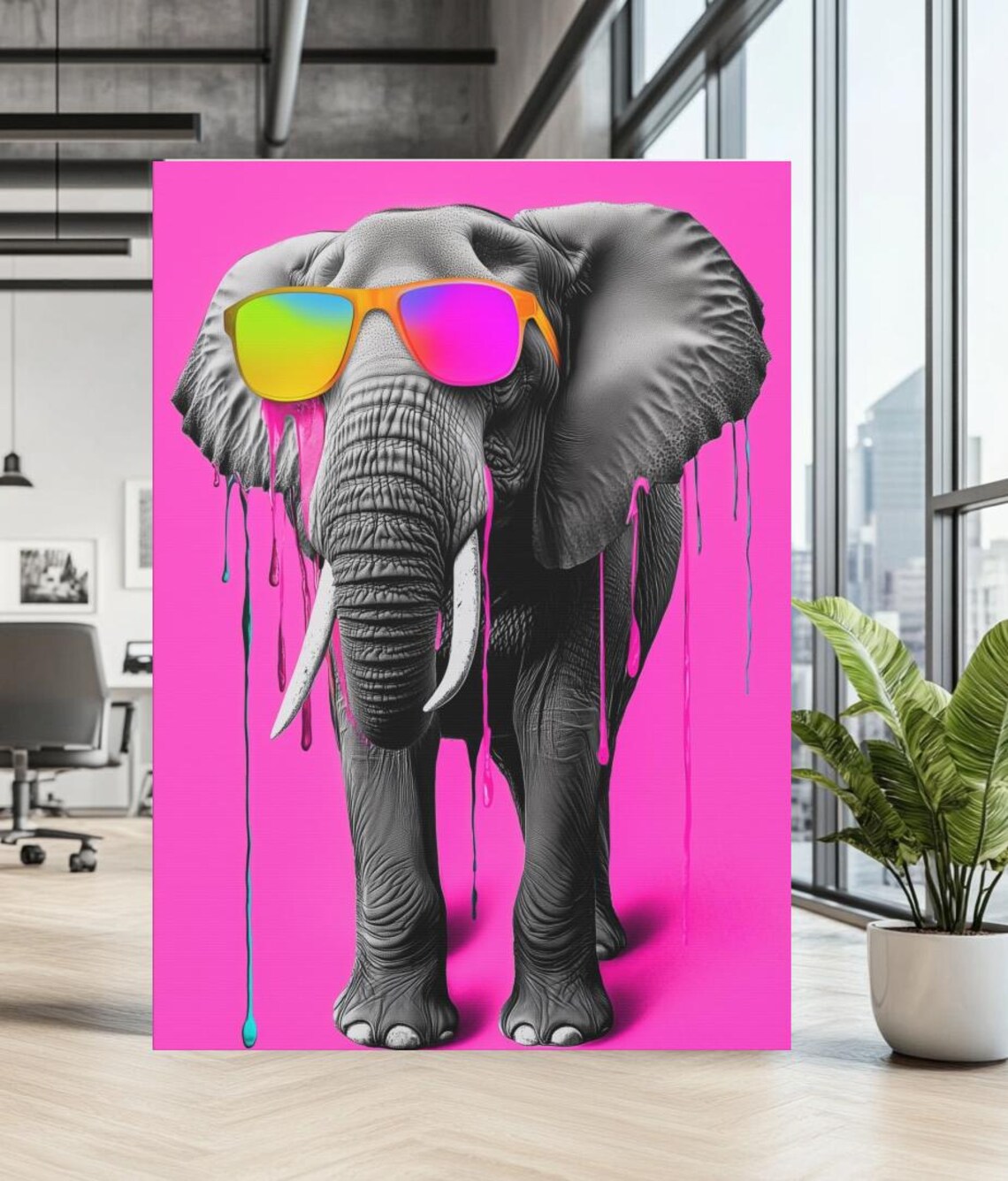 Neon Elephant Sunglasses Pop Art Hot Pink Canvas Colorful Animal Wall Poster