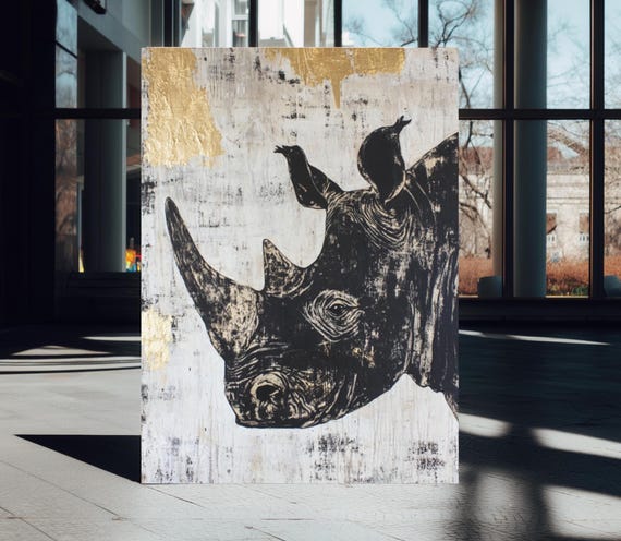 Luxury Rhino Wall Art Regal Wildlife Canvas With Gold Foil Texture Bold Safari Animal Poster African Jungle Decor Black Print