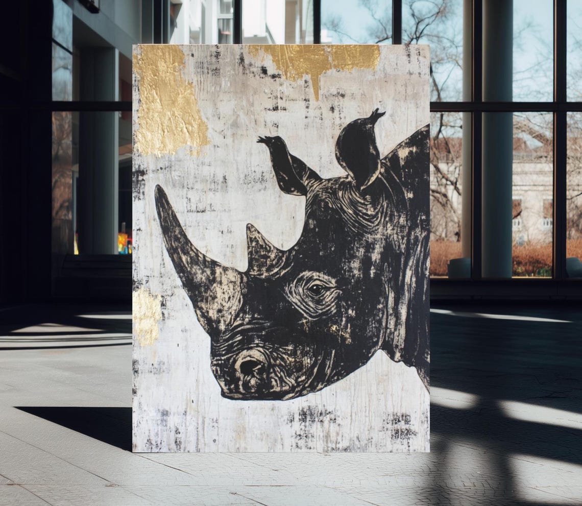 Majestic Rhino Gold Leaf Texture Wildlife Animal Portrait Poster