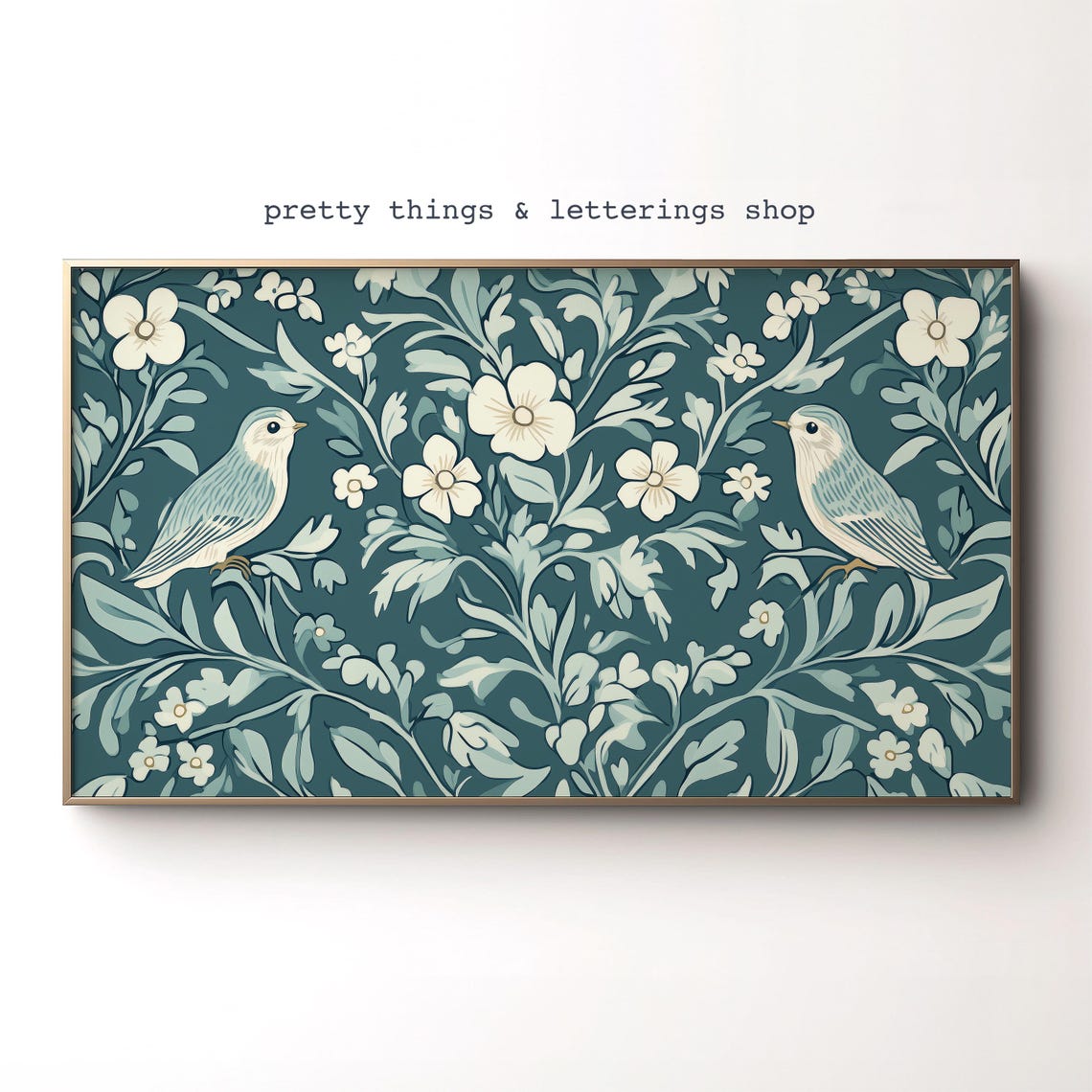 Blue Floral Bird Pattern Vintage Wallpaper Cottagecore Poster