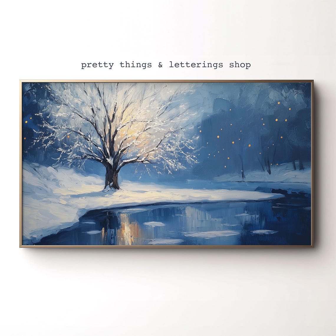 Snowy Tree Frozen Pond Blue Winter Night Landscape Art Poster