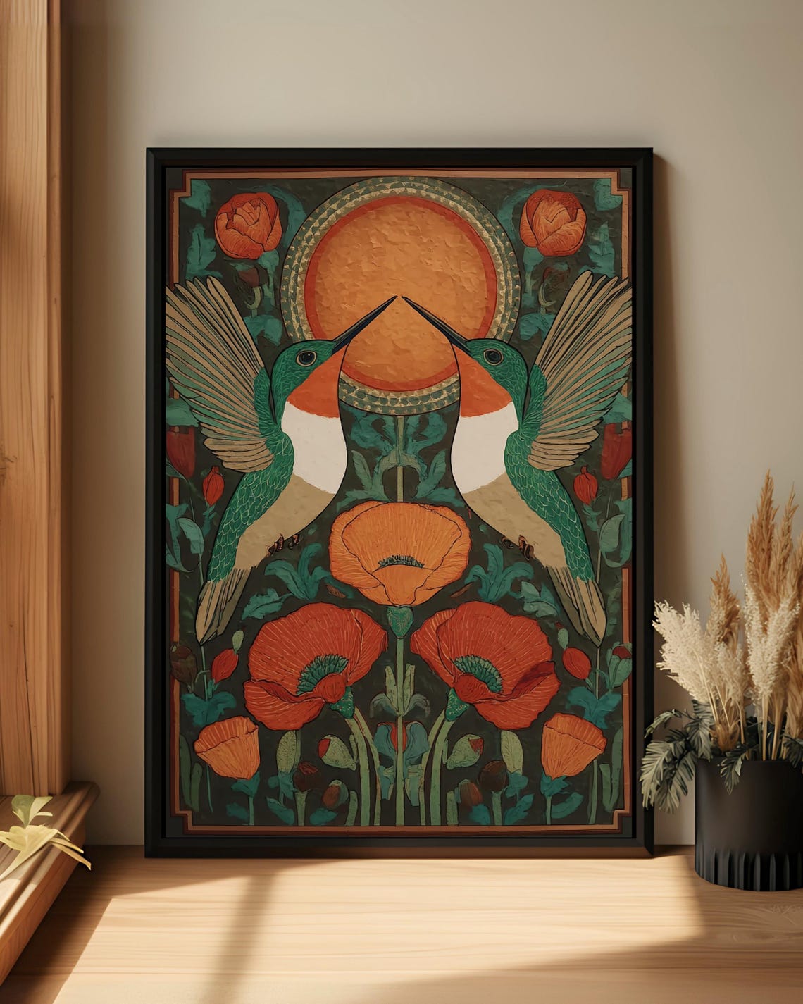 Folk Art Hummingbirds With Poppies And Sun Symmetrical Poster