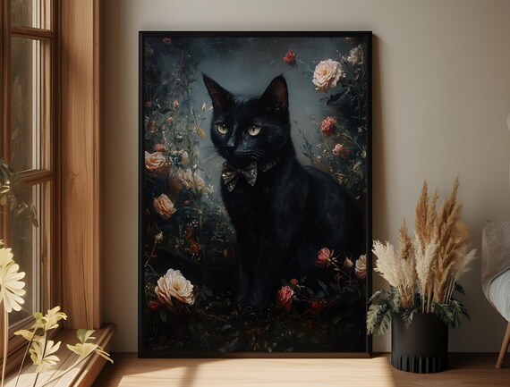 Black Cat Floral Portrait Witchy Maximalist Home Decor