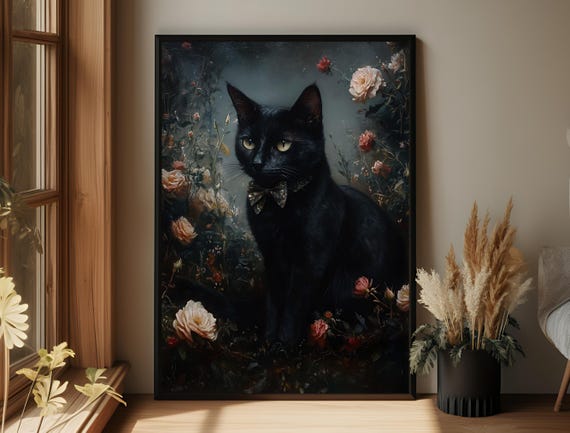 Black Cat with Bow Tie Among Roses Dark Floral Witchy Cat Poster