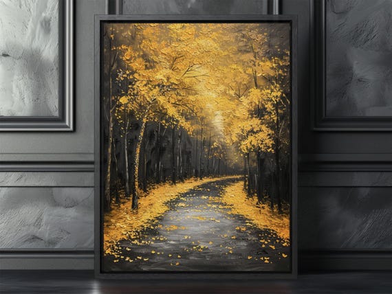 Forest Path Wall Art Yellow Tree Landscape Print Dark Maximalist Decor