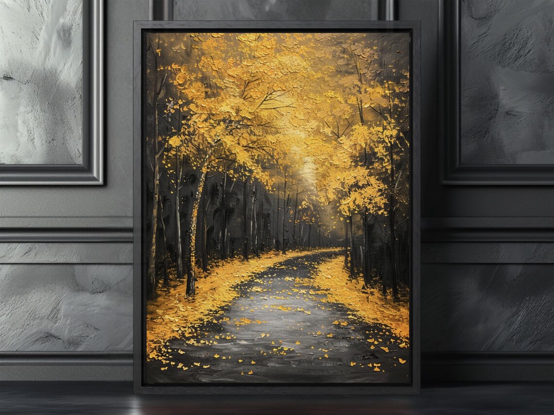 Golden Birch Forest Autumn Trail Landscape Painting Autumn Poster