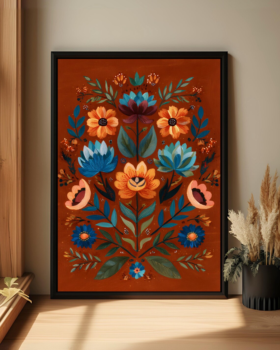 Orange Folk Floral Arrangement Teal Blooms Symmetrical Art Poster