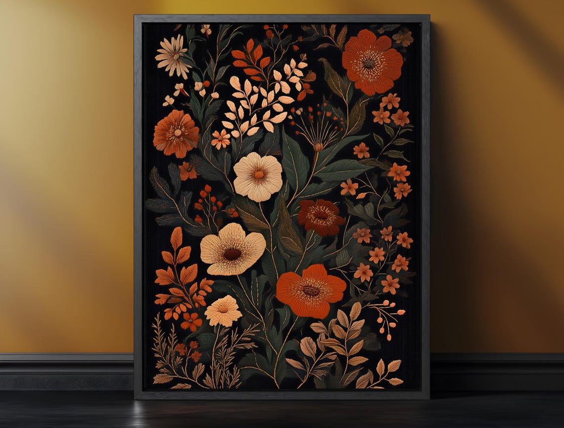 Maximalist Red Floral Botanical Vintage Black Canvas Art Poster