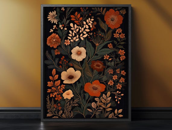 Large Framed Canvas Print Floral Botanical Art For Maximalist Farmhouse Decor Unique Home Decoration Housewarming Gift
