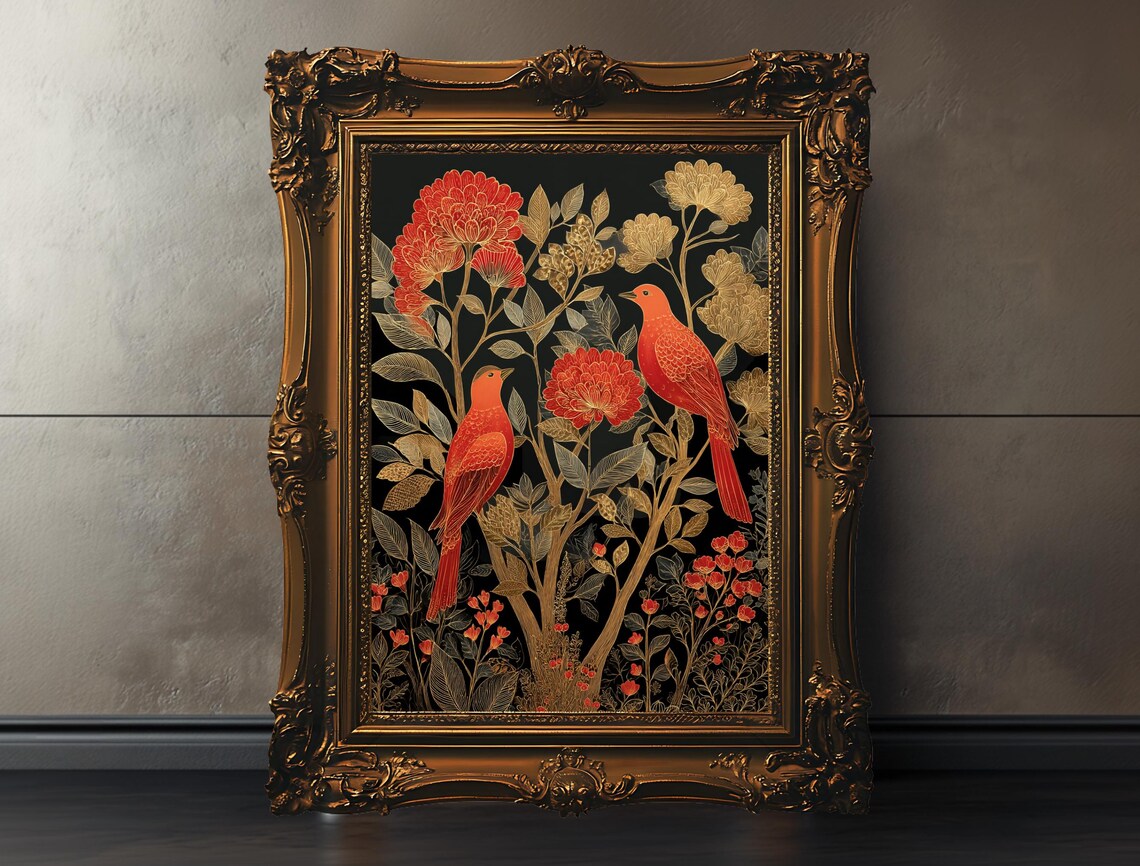 Red Birds on Floral Branches Folk Art Vintage Botanical Poster