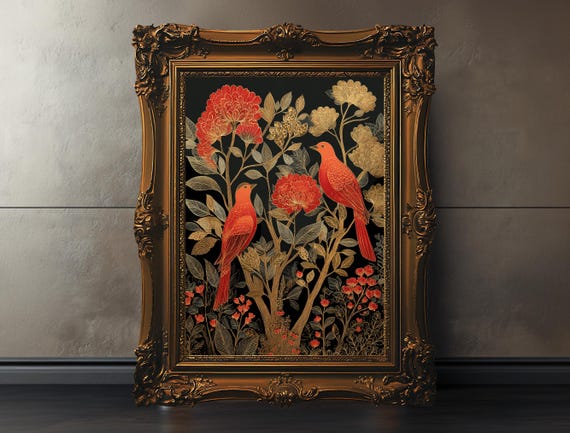 Folk Art Bird Wall Vintage Floral Print Dark Botanical Poster Scandinavian Nature Decor Rustic Red Canvas