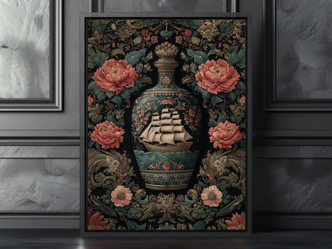 Ornate Vintage Ship in a Vase Painting Dark Botanical Maximalist Poster