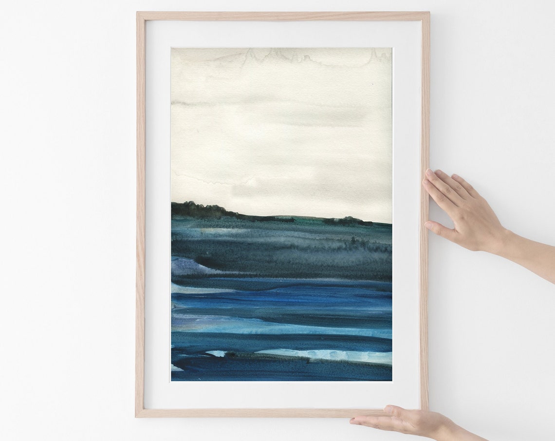 Deep Blue Watercolor Poster Abstract Ocean Horizon Minimal Sea Art